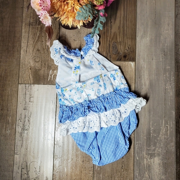 Rare Editions White, Blue, Yellow Floral Lace Baby Bodysuit Bubble Romper Sz 6m - Picture 2 of 14